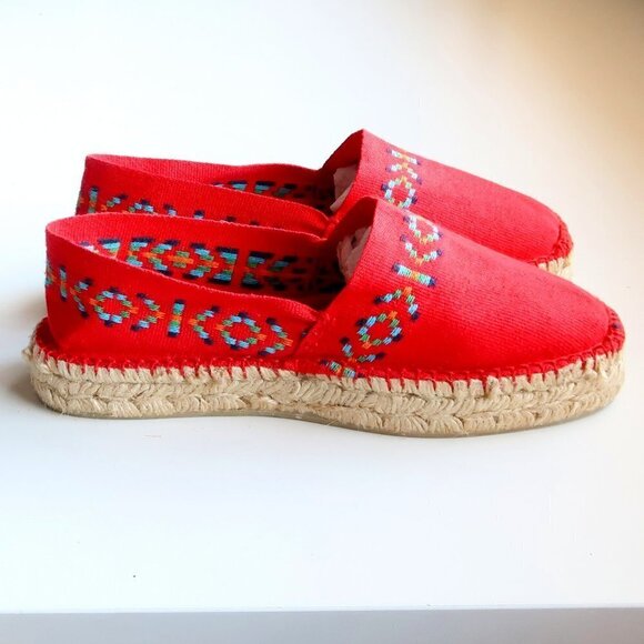 Cousu Main Handmade Red Organic Cotton Canvas Espadrilles Flats Summer Shoes - Picture 2 of 16